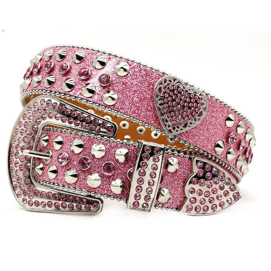 Dazzling Pink Heart Rhinestone Glitter Belt for Women