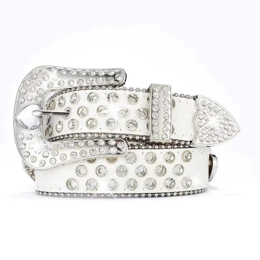 Diamond Heart Rhinestone Belt - White Strap, Clear Heart Buckle, Western Glam