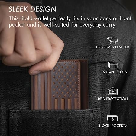 Embossed American Flag Trifold Leather Wallet with RFID Blocking
