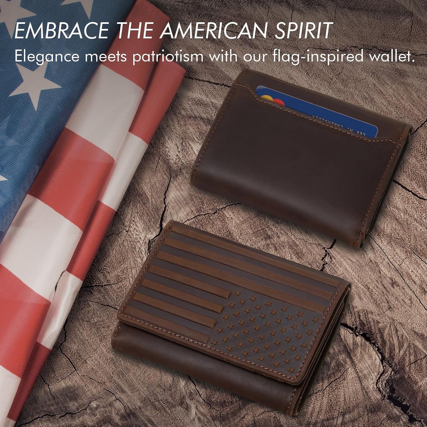 Embossed American Flag Trifold Leather Wallet with RFID Blocking