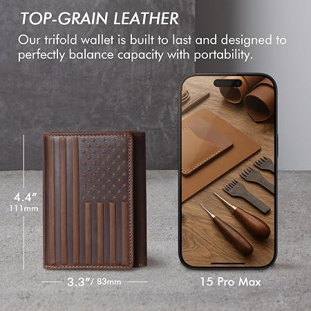 Embossed American Flag Trifold Leather Wallet with RFID Blocking