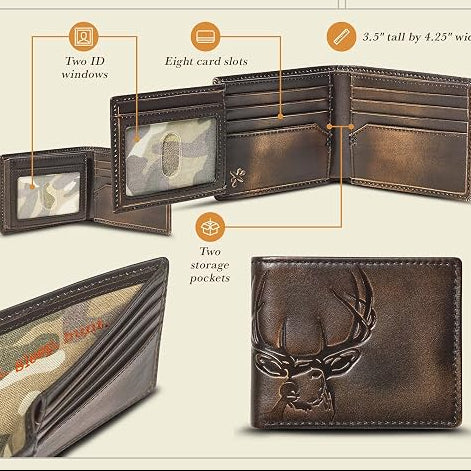 Embossed Deer Double-ID Bifold Leather Wallet
