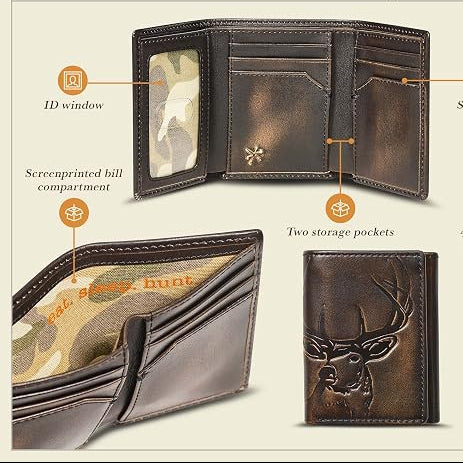 Embossed Deer Trifold Leather Wallet for Men