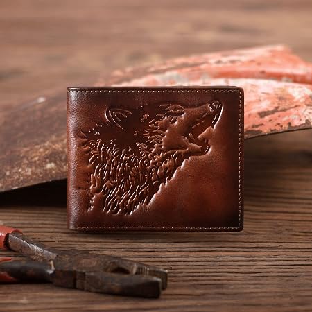 Embossed Wolf Bifold Leather Wallet with RFID Blocking