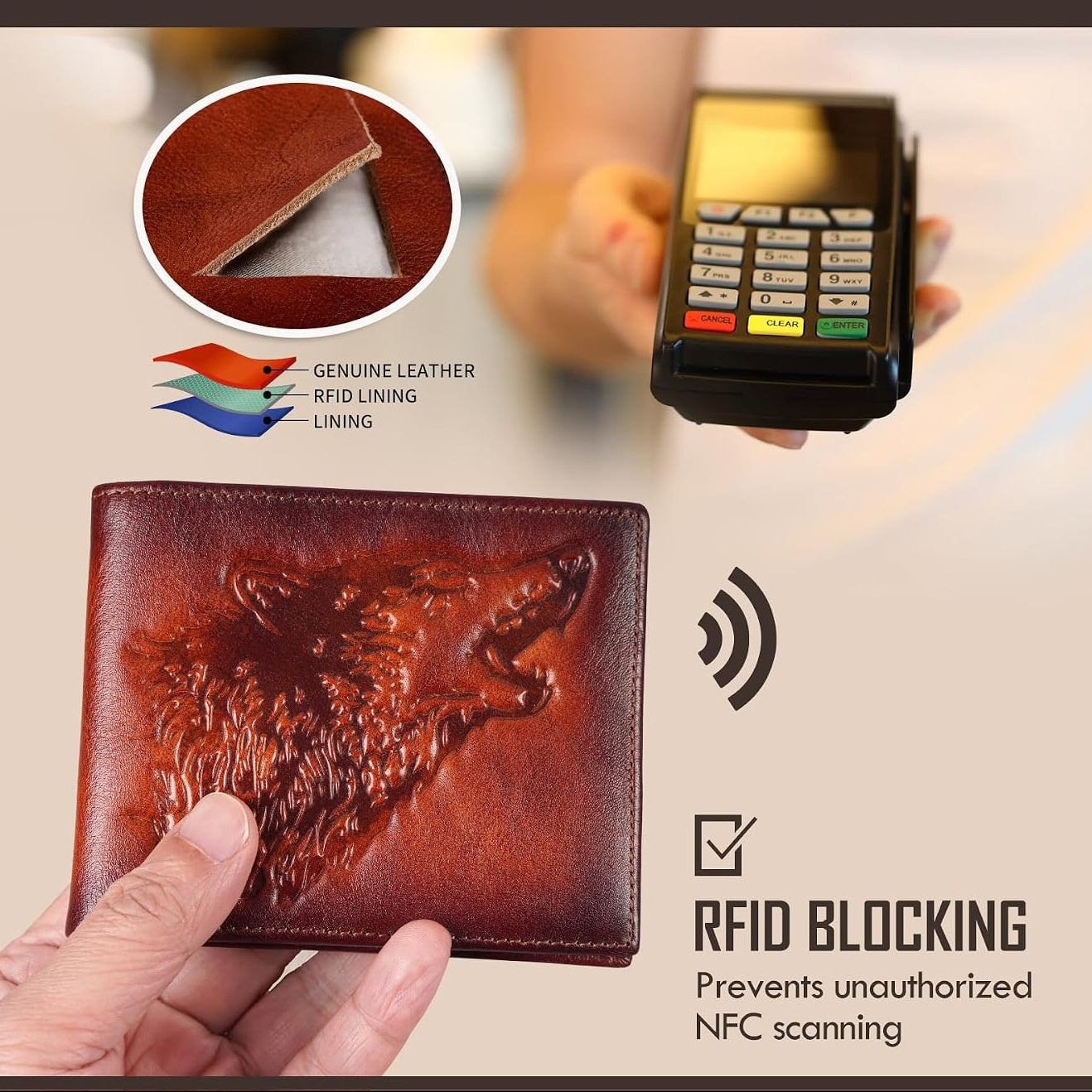 Embossed Wolf Bifold Leather Wallet with RFID Blocking