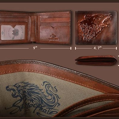 Embossed Wolf Bifold Leather Wallet with RFID Blocking