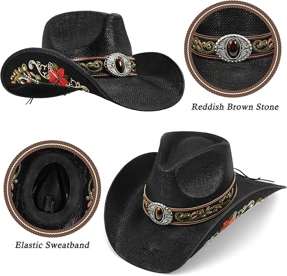 Embroidered Straw Western Hat - Rhinestone Cowboy Style