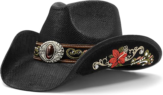 Embroidered Straw Western Hat - Rhinestone Cowboy Style