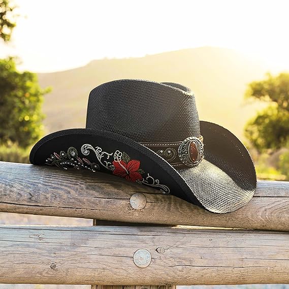 Embroidered Straw Western Hat - Rhinestone Cowboy Style