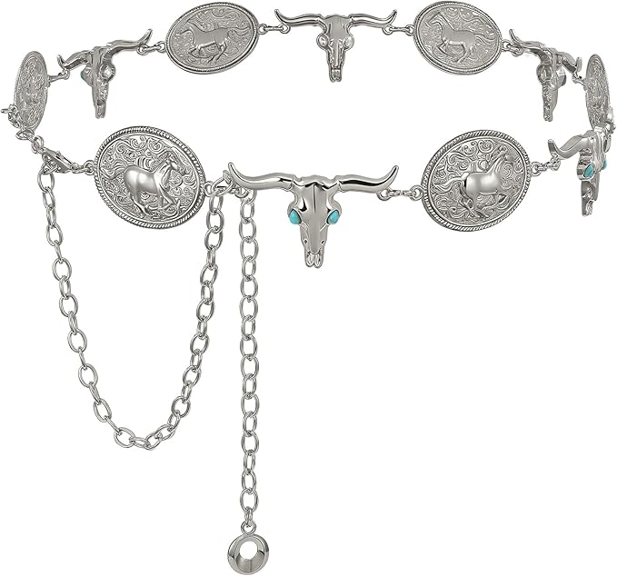 Engraved Concho Rodeo Chain Belt - Silver Gold Waist Belt