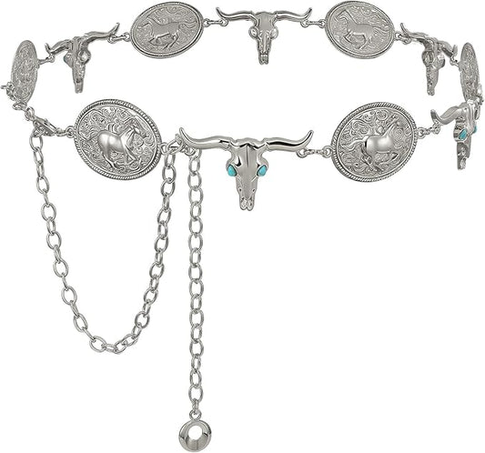 Engraved Concho Rodeo Chain Belt - Silver Gold Waist Belt