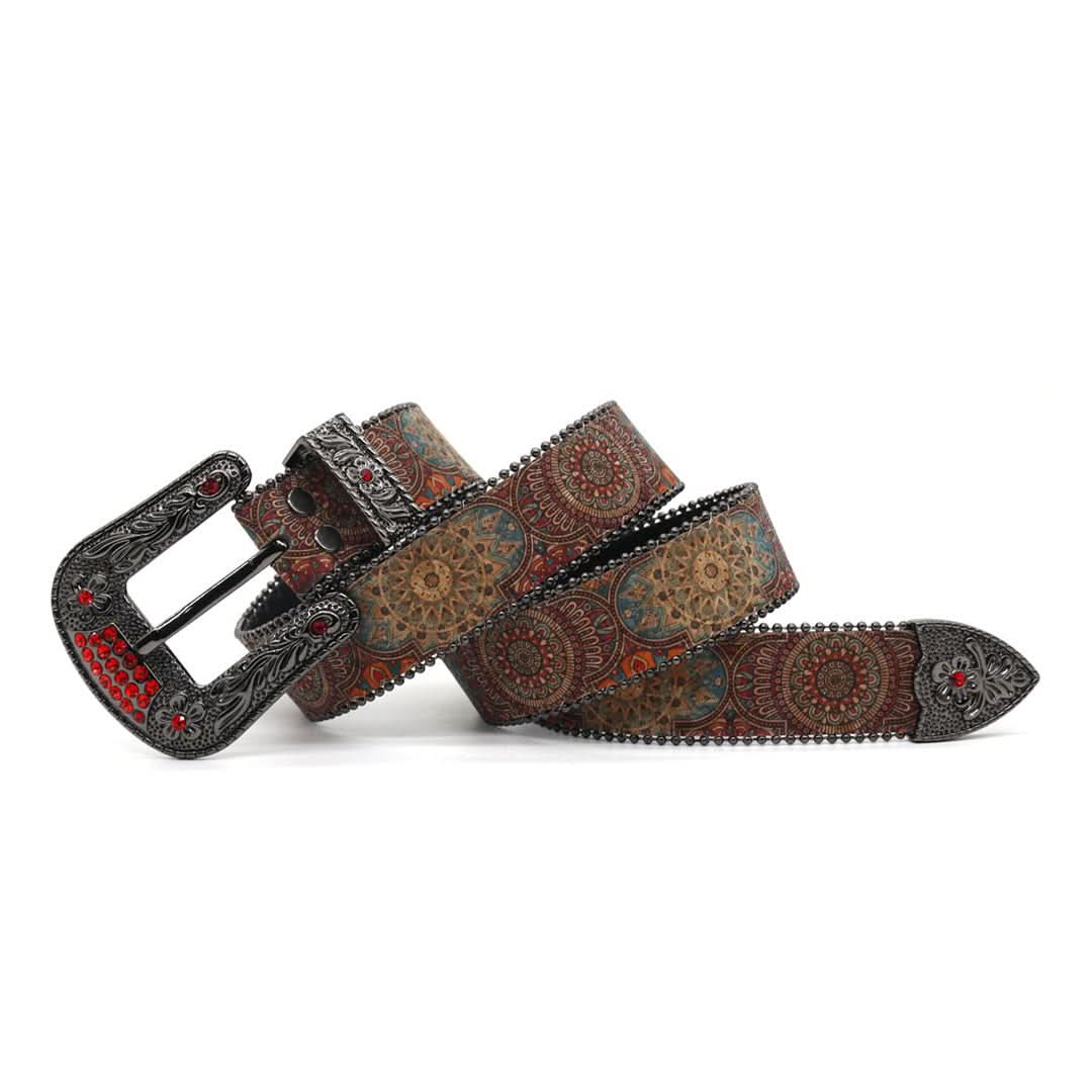 Engraved Zombie Art Buckle Rhinestone Belt - Red Studded Goth Style