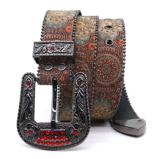 Engraved Zombie Art Buckle Rhinestone Belt - Red Studded Goth Style