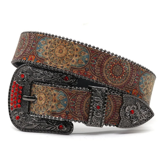 Engraved Zombie Art Buckle Rhinestone Belt - Red Studded Goth Style