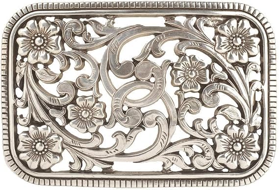 Floral Filigree Rectangle Belt Buckle - Antique Silver