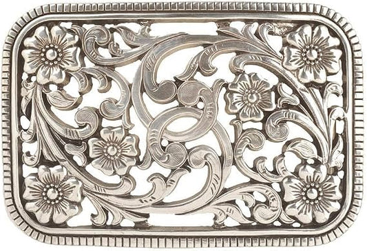 Floral Filigree Rectangle Belt Buckle - Antique Silver