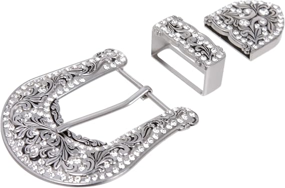 Floral Scroll Rhinestone Buckle Set - Buckle, Keeper & Tip