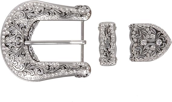 Floral Scroll Rhinestone Buckle Set - Buckle, Keeper & Tip