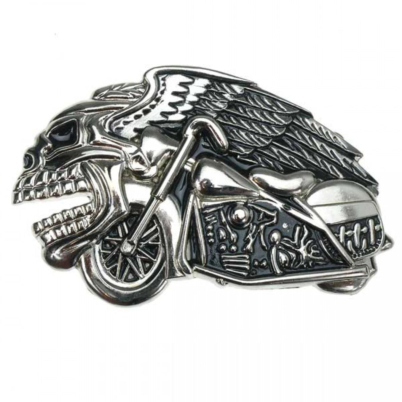 Flying Skull Motorcycle Chopper Belt Buckle - Shiny Chrome Finish