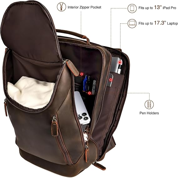 Men's Full Grain Leather Business Travel Backpack – 17.3