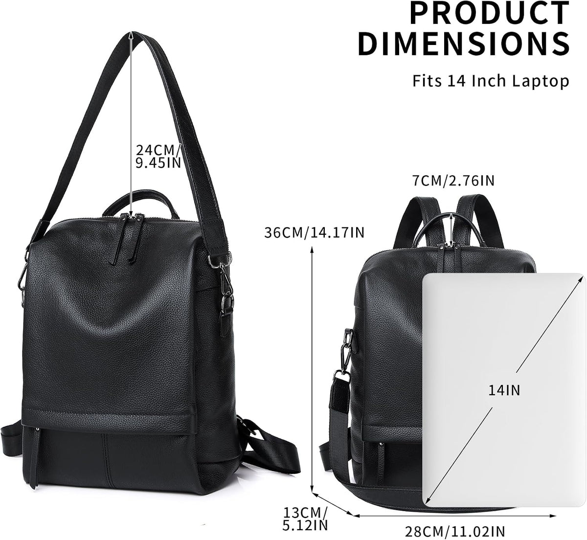 Genuine Leather Backpack Purse for Women - Black