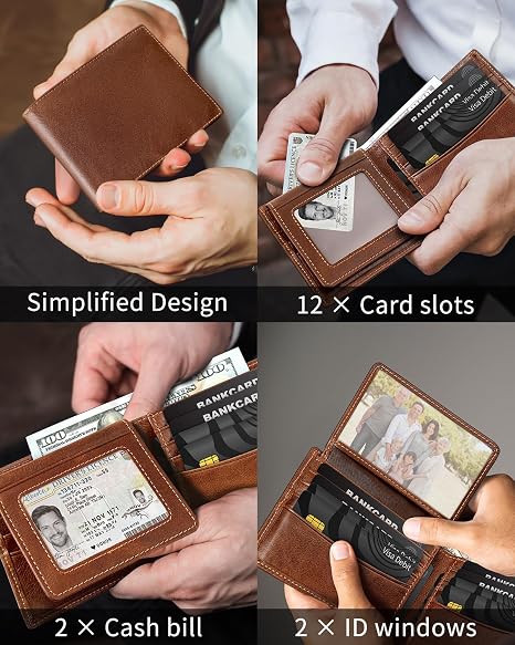 Genuine Leather Bifold Wallet with RFID Blocking - 12 Card Slots