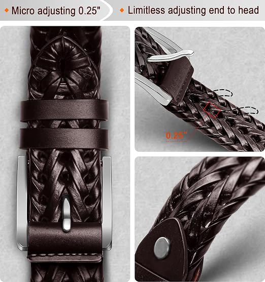Genuine Leather Braided Belt with Holeless Fit for Men & Women