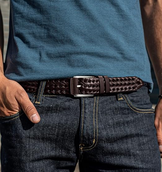 Genuine Leather Braided Belt with Holeless Fit for Men & Women
