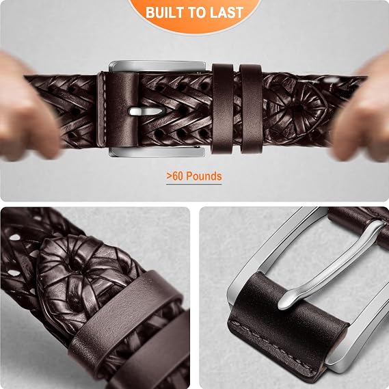 Genuine Leather Braided Belt with Holeless Fit for Men & Women
