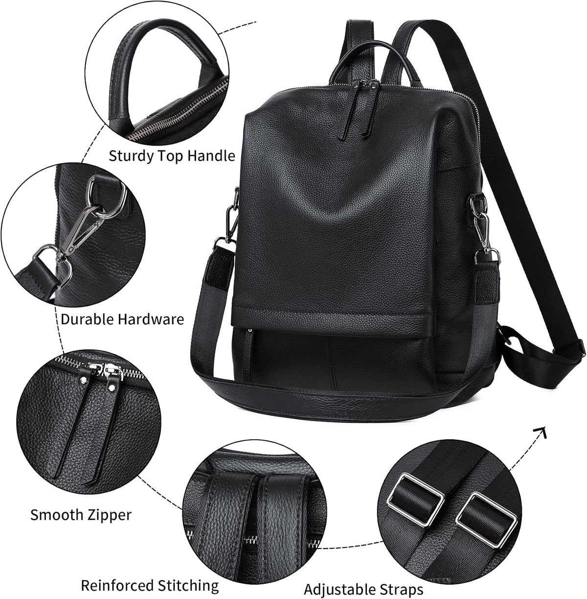 Genuine Leather Backpack Purse for Women - Black