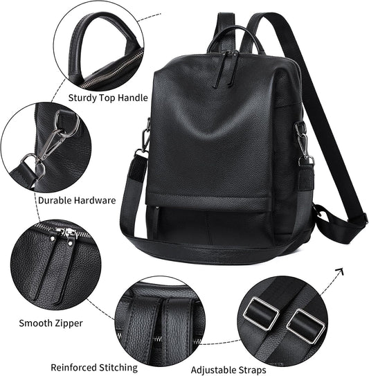 Genuine Leather Backpack Purse for Women - Black