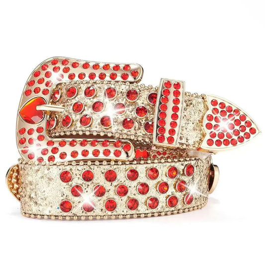Gold Rhinestone Western Belt - Red Heart Buckle & Glitter Strap