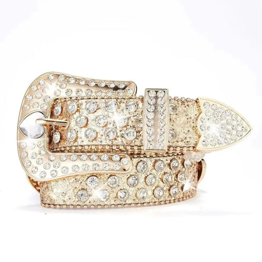 Gold Rhinestone Western Belt | Luxury Glitter Strap & Clear Heart Buckle