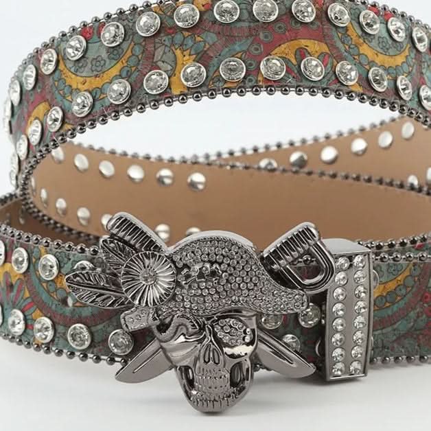 Green Pirate Skull Rhinestone Belt | Glitter Strap | Unisex Fashion