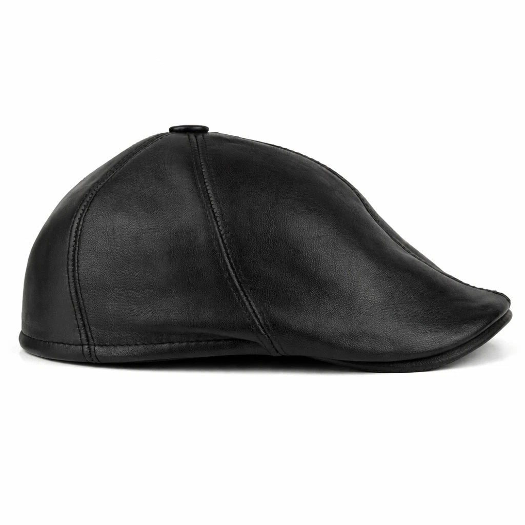 Handmade Black Leather Cabbie Cap with Ear Flaps