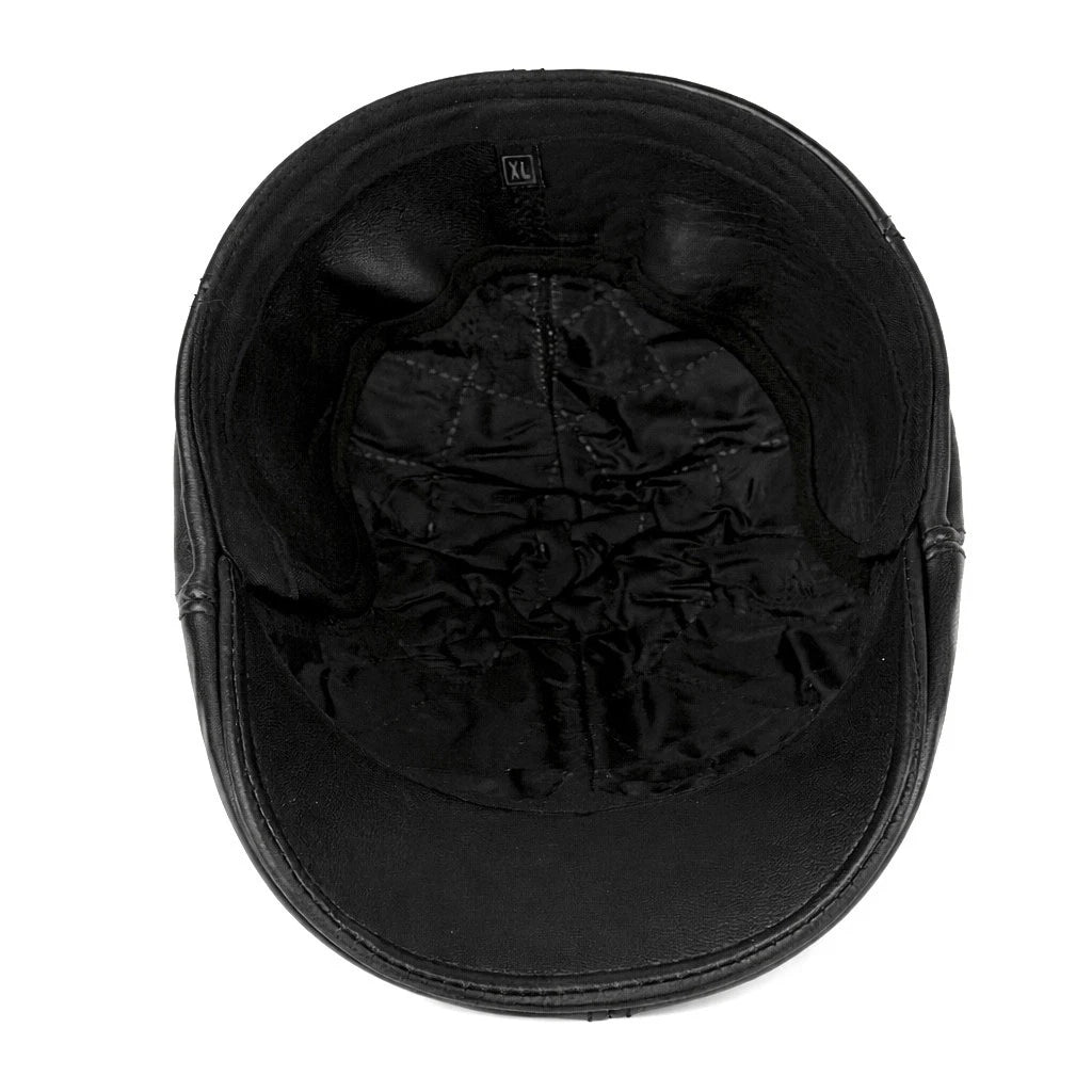 Handmade Black Leather Cabbie Cap with Ear Flaps