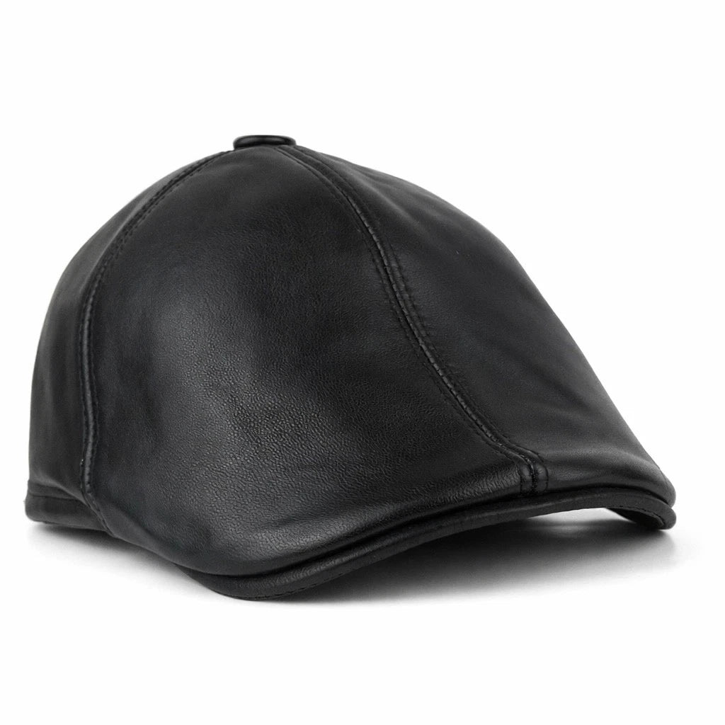 Handmade Black Leather Cabbie Cap with Ear Flaps