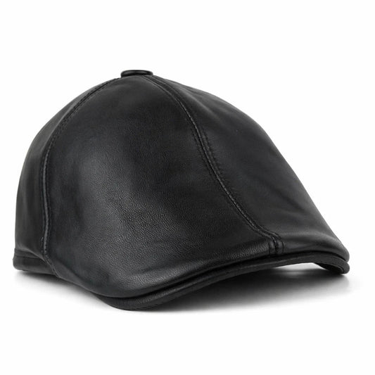Handmade Black Leather Cabbie Cap with Ear Flaps