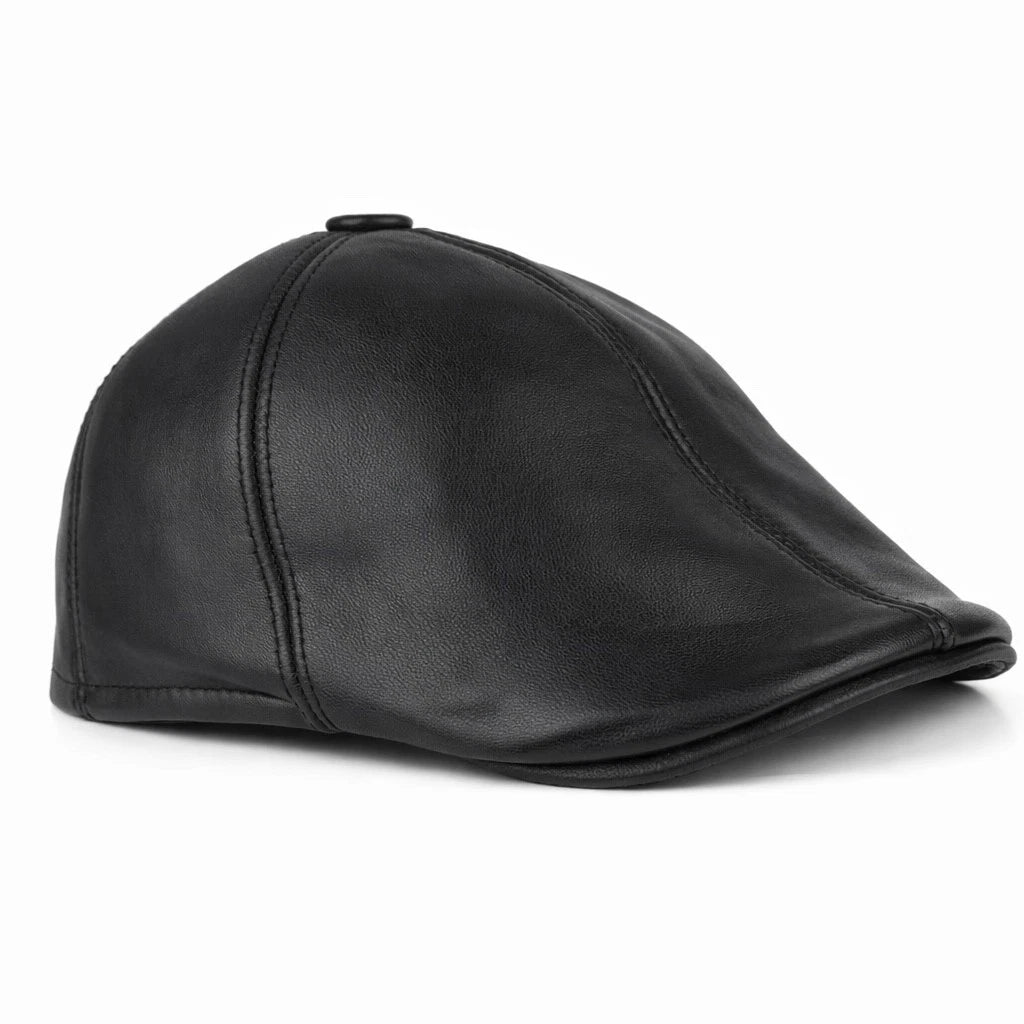 Handmade Black Leather Cabbie Cap with Ear Flaps