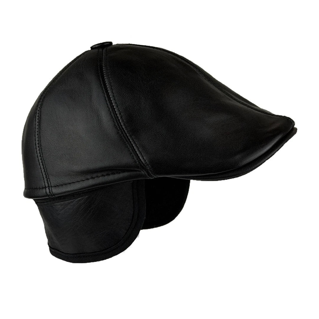 Handmade Black Leather Cabbie Cap with Ear Flaps