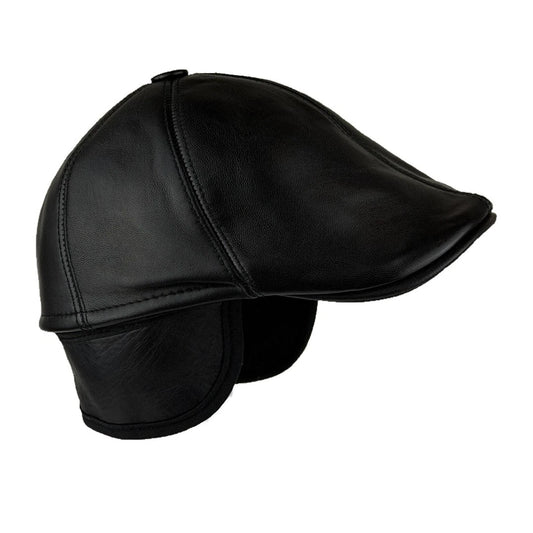 Handmade Black Leather Cabbie Cap with Ear Flaps