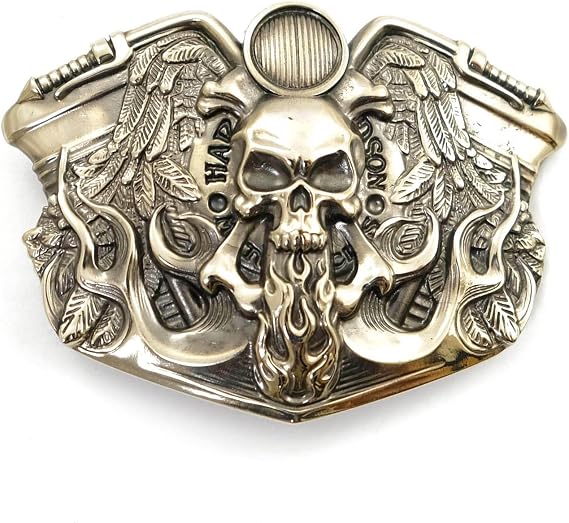 Handmade Nickel Silver Biker Buckle - Skull & Motorcycle
