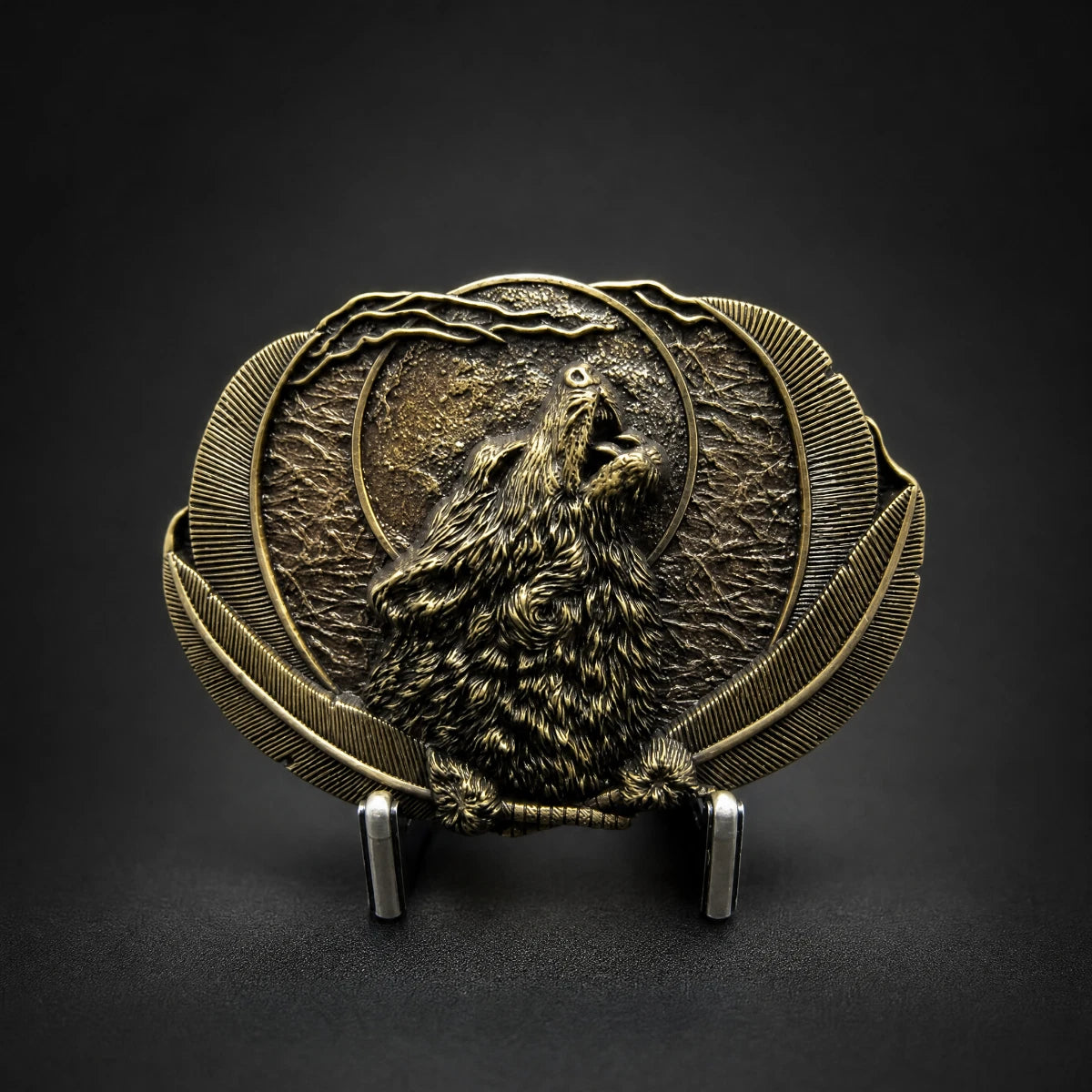 Howling Wolf & Moon Western Biker Belt Buckle - Antique Bronze Finish