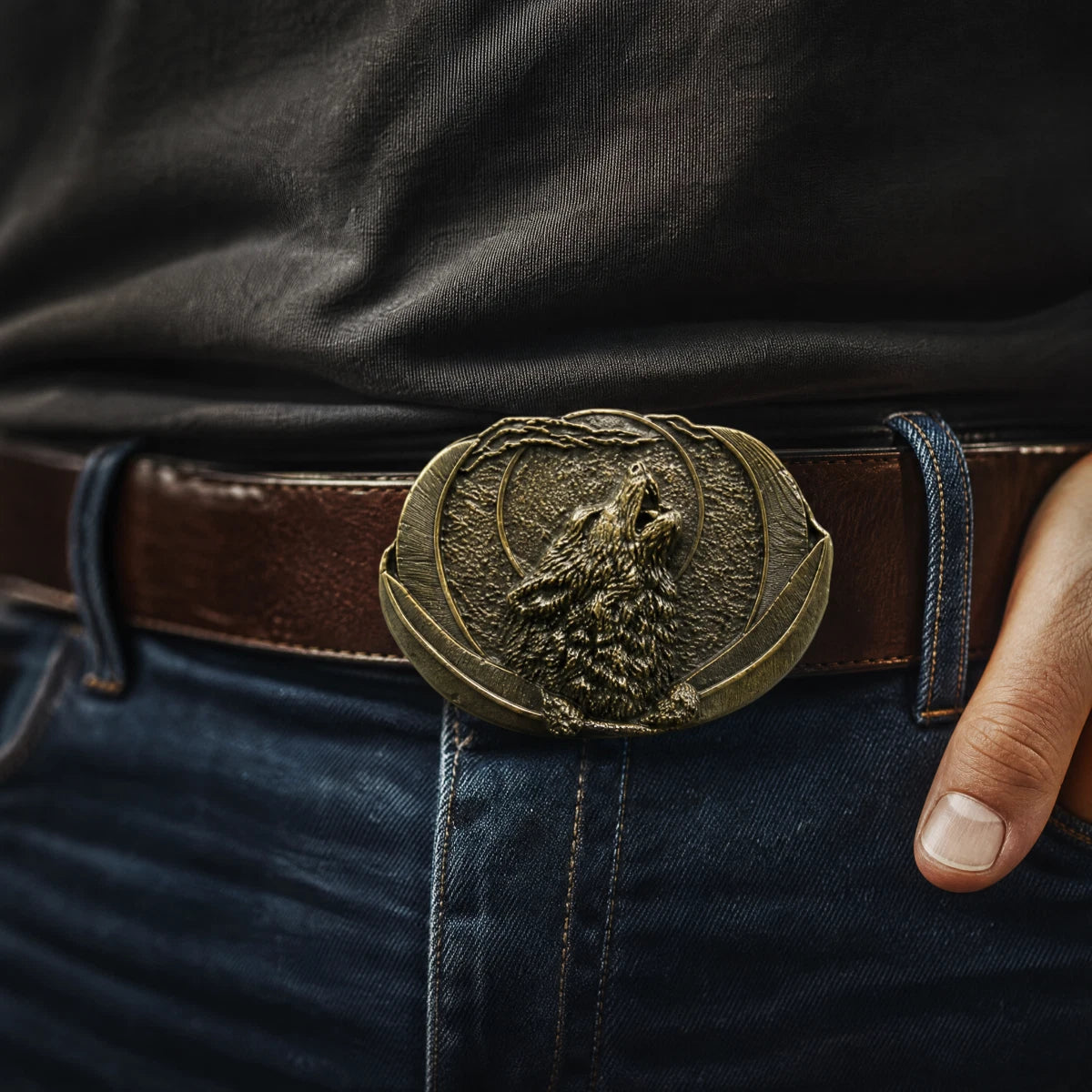 Howling Wolf & Moon Western Biker Belt Buckle - Antique Bronze Finish