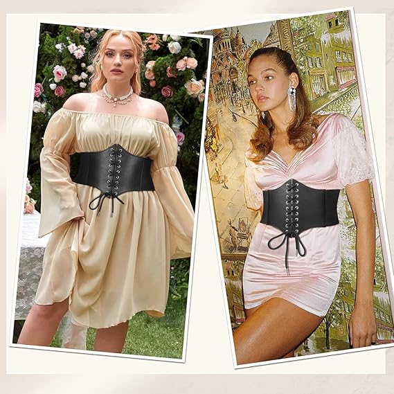 Lace-Up Waspie Corset Belt - Wide Elastic Waist Belt