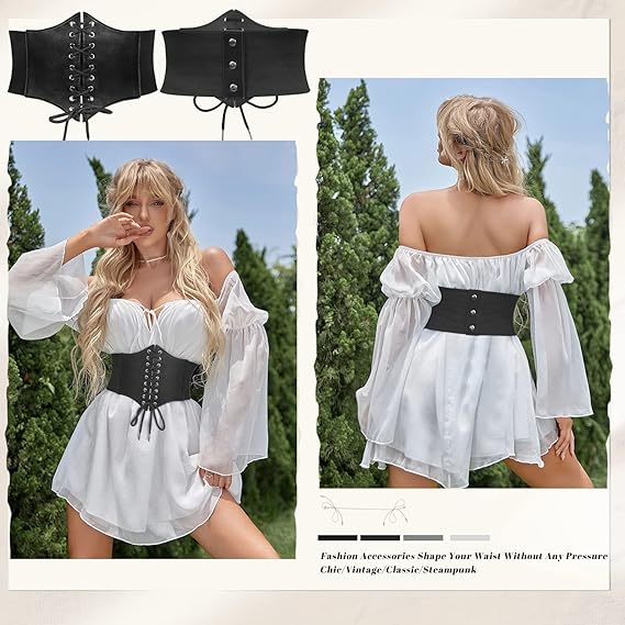 Lace-Up Waspie Corset Belt - Wide Elastic Waist Belt
