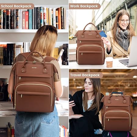 Leather Laptop Backpack for Women with USB Port - 15.6