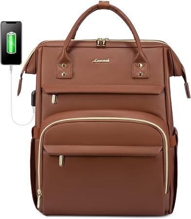 Leather Laptop Backpack for Women with USB Port - 15.6