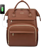 Leather Laptop Backpack for Women with USB Port - 15.6