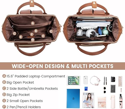 Leather Laptop Backpack for Women with USB Port - 15.6